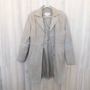 VTG Y2K Charlotte Russe Womens Suede Trench Coat L Beige Whipstitch Western Boho